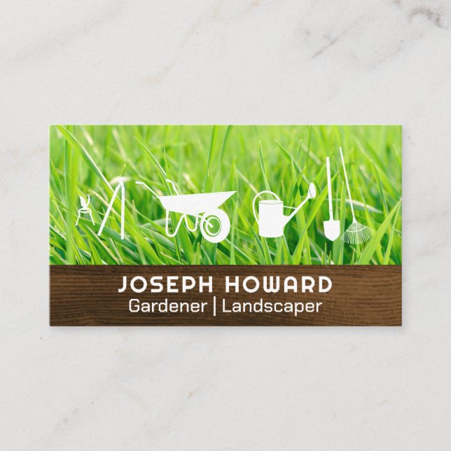 Gardening Tools | Cut Grass | Wooden Board Business Card (Front)