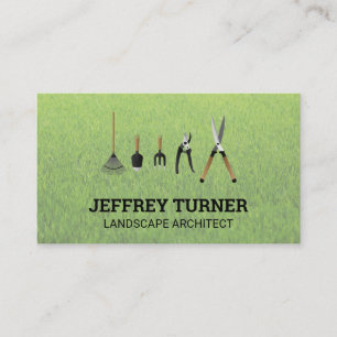 Gardening Tools Grass Background Business Card