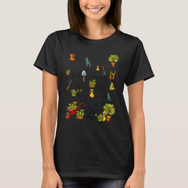 Gardening Tools Music Note Staff Gardener Plant T-Shirt (Front)