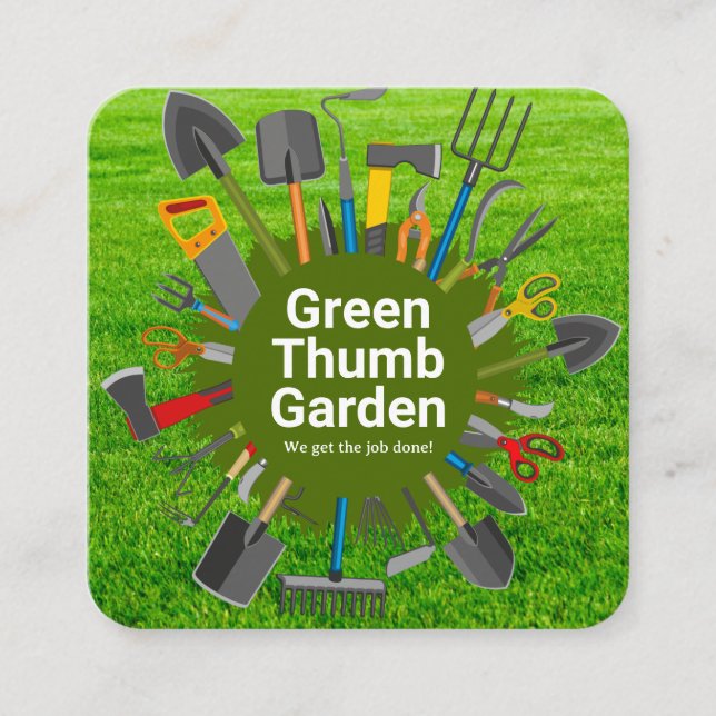 Gardening Tools Variety | Green Grass Square Business Card (Front)