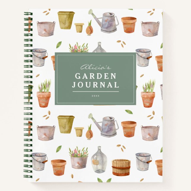 Gardening Tools Watercolor Garden Journal Notebook (Front)