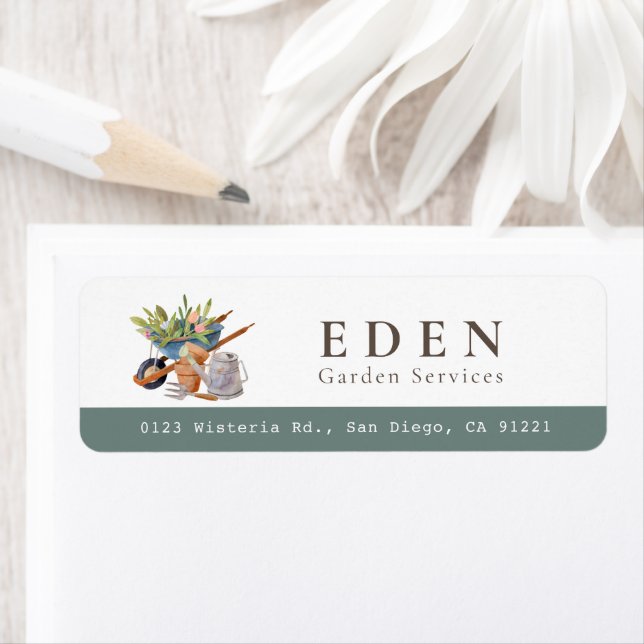 Gardening Tools Wheelbarrow Watercolor Address (Insitu)