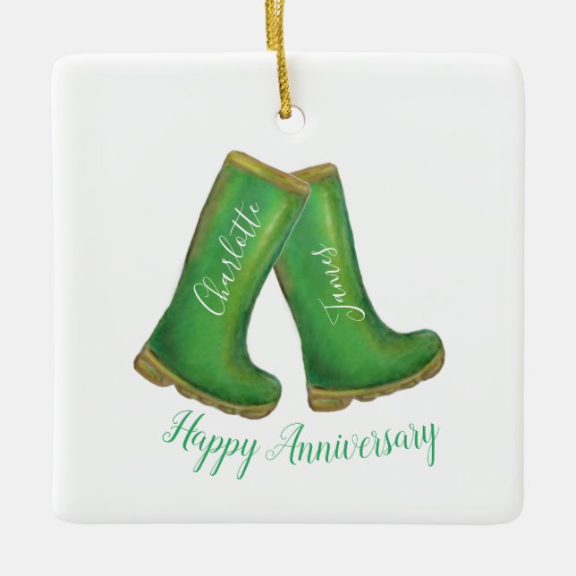 Gardening welly boot wedding anniversary ceramic ornament (Front)