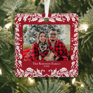Garland Family Name and Year Christmas Photo Red Metal Tree Decoration