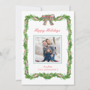 Garland Frame Ribbon Plaid Bow Christmas Photo Holiday Card