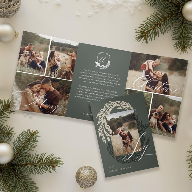 Garland Wreath Monogram Photo Gallery Christmas Tri-Fold Holiday Card (Garland Wreath Monogram Photo Gallery Christmas Tri-Fold Holiday Card (Inside & Cover))