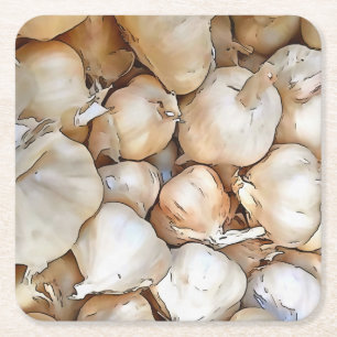 Garlic Bulbs Artistic Black Outline Art Square Paper Coaster