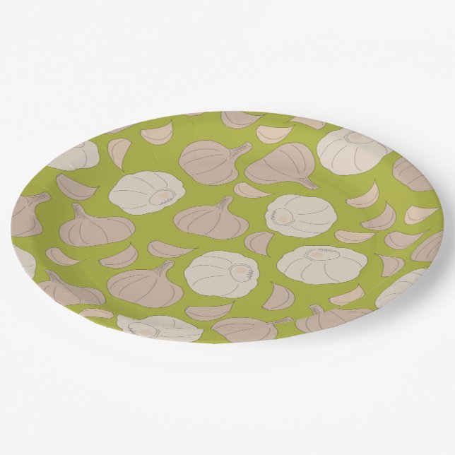Garlic Pattern - Garlic Cloves & Bulb Paper Plate (Angled)