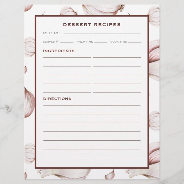 Garlic | Simple White | Dessert Recipe Page (Front)