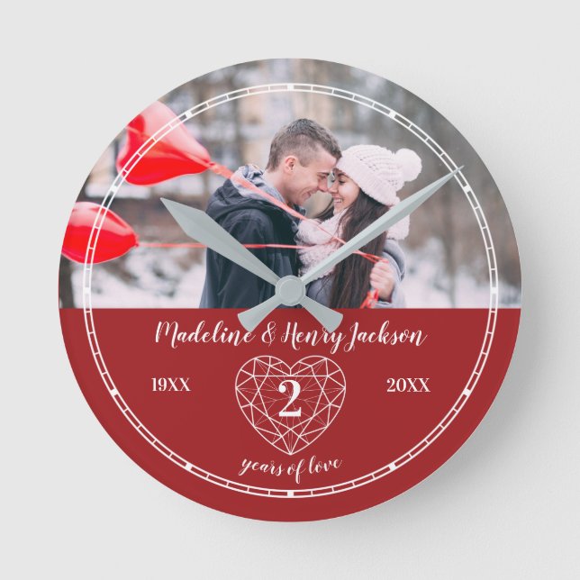 Garnet 2nd Wedding Anniversary outline heart red Round Clock (Front)