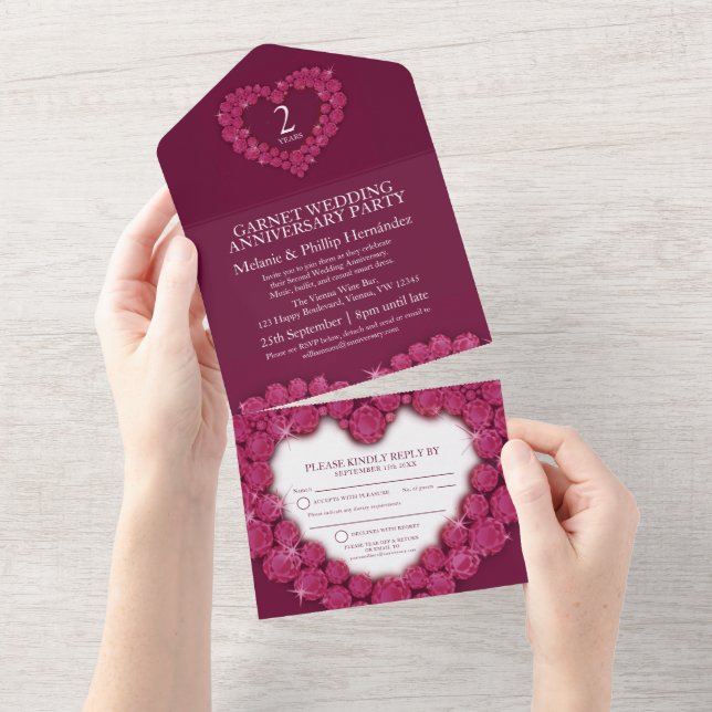 Garnet 2nd wedding anniversary red gem heart all in one invitation (Tearaway)
