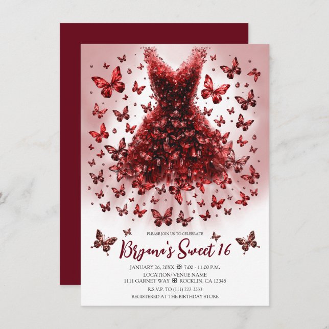 Garnet Dark Red Butterfly Dress January Birthstone Invitation (Front/Back)