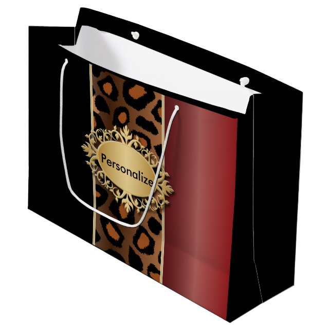 Garnet Red and Black Leopard Pattern Large Gift Bag (Front Angled)