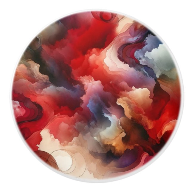 Garnet Red Smokey Abstract Watercolor Cloud Ceramic Knob (Front)