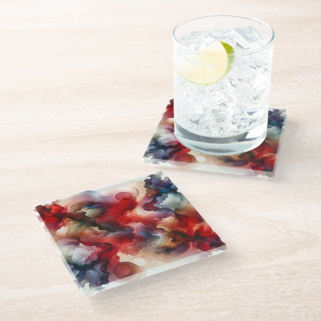 Garnet Red Smokey Abstract Watercolor Cloud Glass Coaster (Angled)
