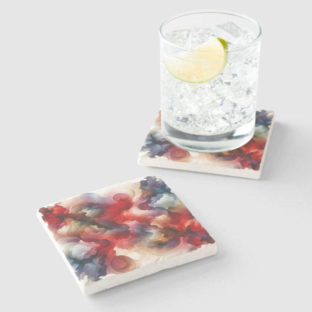 Garnet Red Smokey Abstract Watercolor Cloud Stone Coaster (Side)