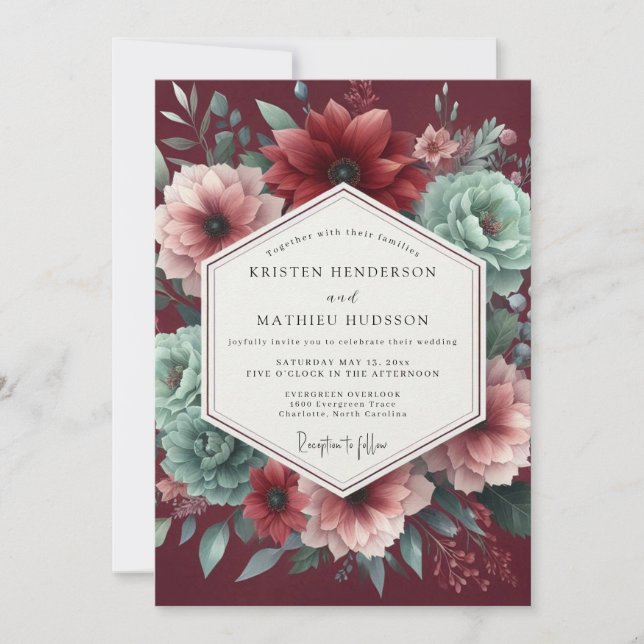 Garnet Teal Dramatic Wedding Invitation (Front)