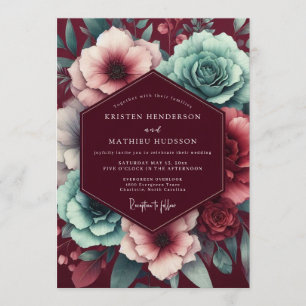 Garnet Teal Moody Bloom Wedding Invitation