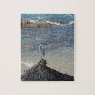 Garza Blanca at ocean sitting on a hut. Jigsaw Puzzle