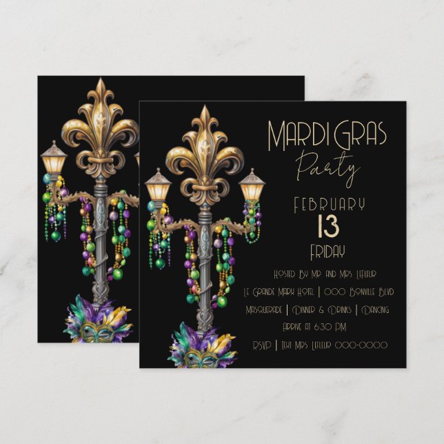 Gas Lamp and Beads Mardi Gras Party  Invitation (Front/Back)