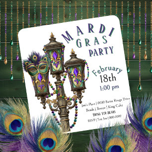 Gas Lamp Mardi Gras Beads Masquerade Invitation