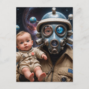 Gas Mask Alien with Baby in Space Postcard