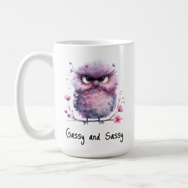 Gassy and Sassy Purple Grumpy Bird Coffee Mug (Left)