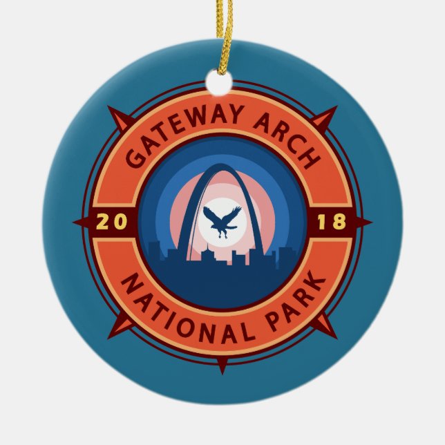 Gateway Arch National Park Retro Compass Emblem Ceramic Tree Decoration (Front)
