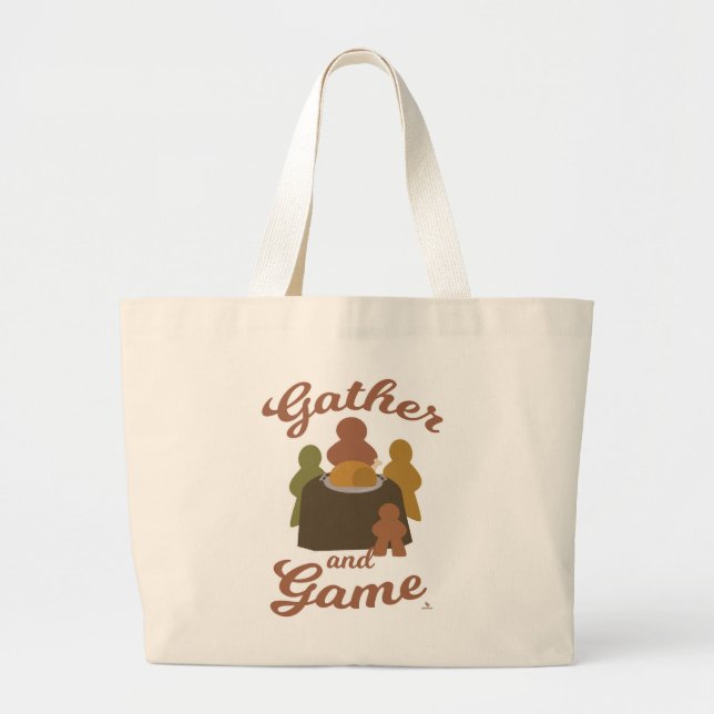 Gather and Game Fun Thanksgiving Cartoon Art Large Tote Bag (Front)