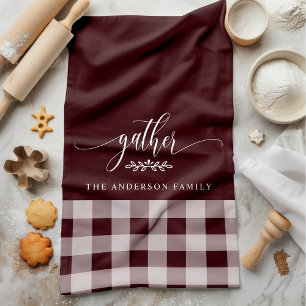 Gather Fall Burgundy & White Buffalo Check Tea Towel