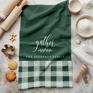Gather Fall Green & White Buffalo Check Tea Towel