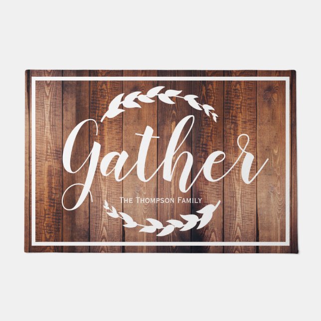 Gather Farmhouse Laurels & Brown Wood Print Doormat (Front)