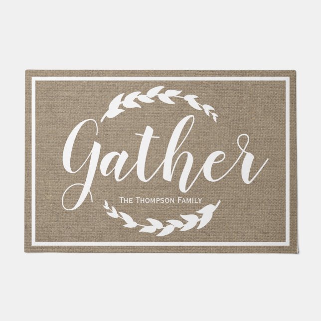 Gather Farmhouse Laurels & Faux Burlap Doormat (Front)