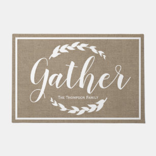 Gather Farmhouse Laurels Faux Burlap Family Name Doormat