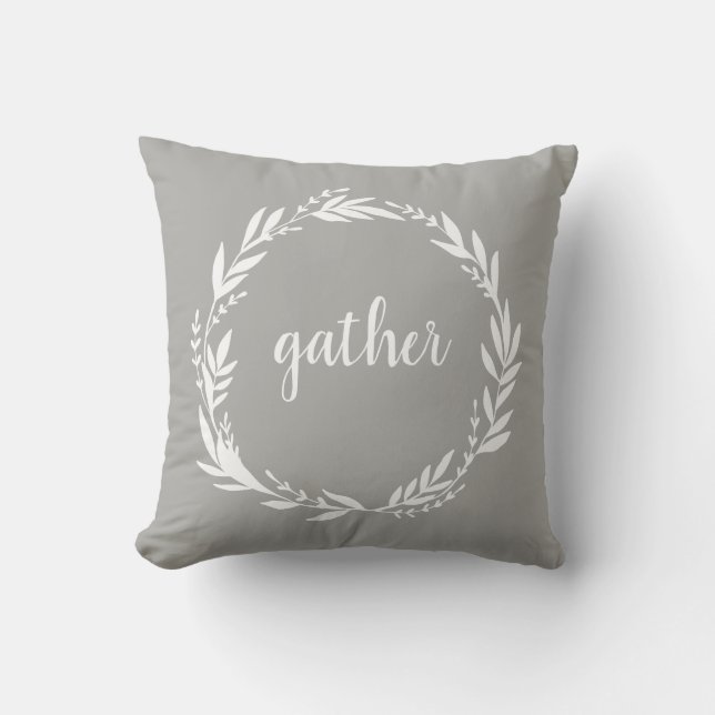 Gather Welcome Wreath Grey Throw Pillow (Front)