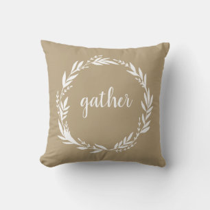 Gather Welcome Wreath Tan Throw Pillow