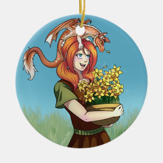 Gathering Flowers with a Dragon Ceramic Tree Decoration (Front)