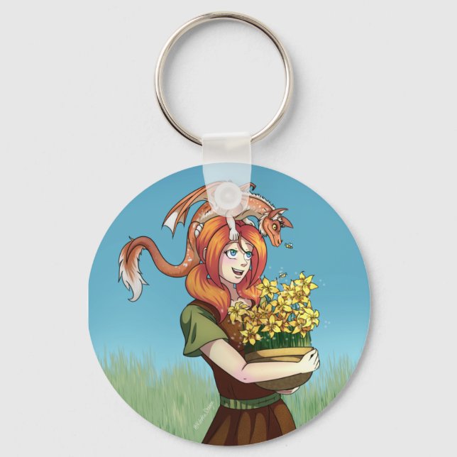 Gathering Flowers with a Dragon Key Ring (Front)