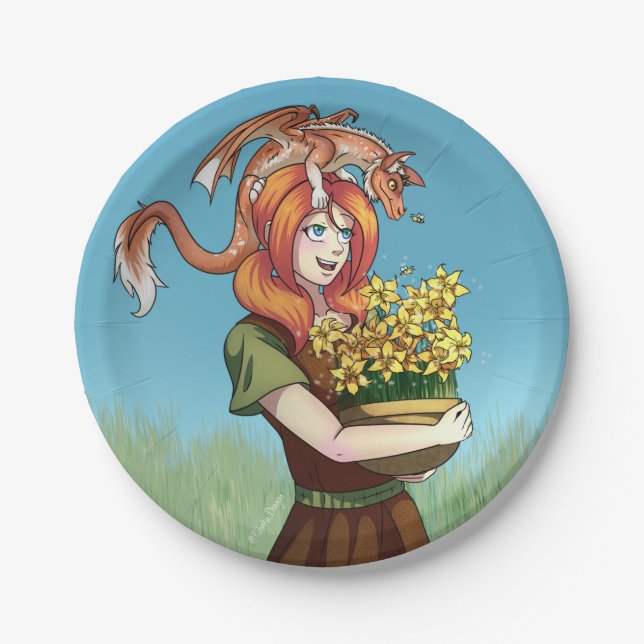 Gathering Flowers with a Dragon Paper Plate (Front)