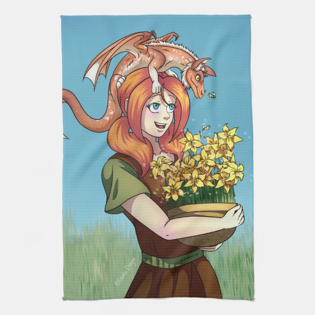 Gathering Flowers with a Dragon Tea Towel (Vertical)
