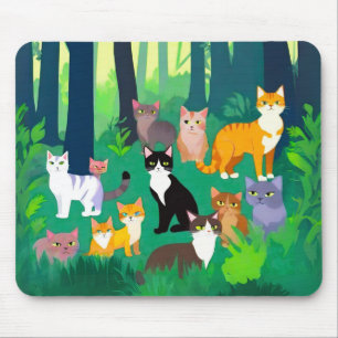Gathering of Cats in a Shady Forest Glade Mouse Mat