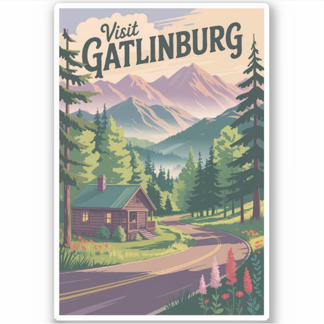 Gatlinburg Tennessee Cabin Travel Art Vintage (Front)
