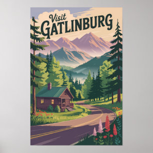 Gatlinburg Tennessee Cabin Travel Art Vintage Poster