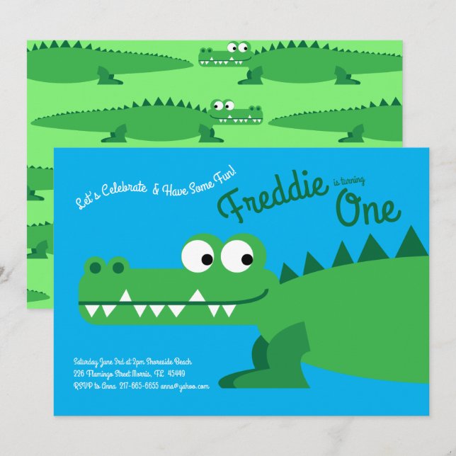 Gator Alligator Crocodile Kids 1st Birthday Party Invitation (Front/Back)