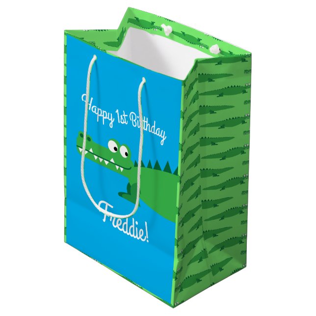 Gator Alligator Crocodile Kids 1st Birthday Party Medium Gift Bag (Front Angled)