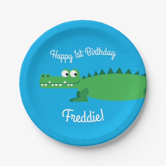 Gator Alligator Crocodile Kids 1st Birthday Party Paper Plate (Front)