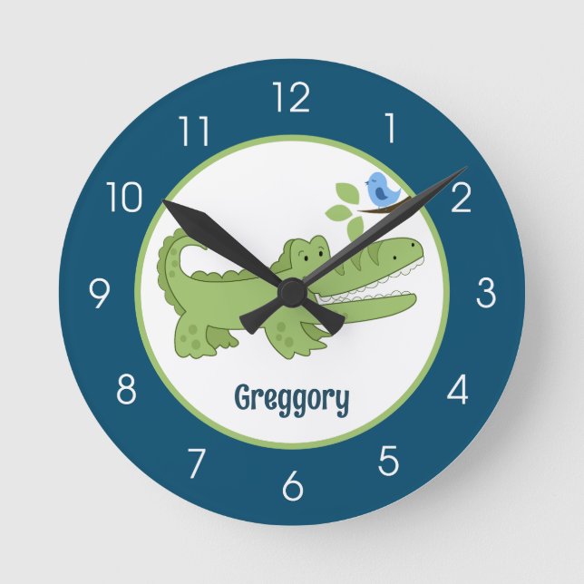 Gator Crocodile Navy Blue Green Jungle Safari  Round Clock (Front)
