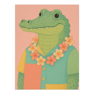 Gator in a colour-blocked Hawaiian shirt with lei Poster