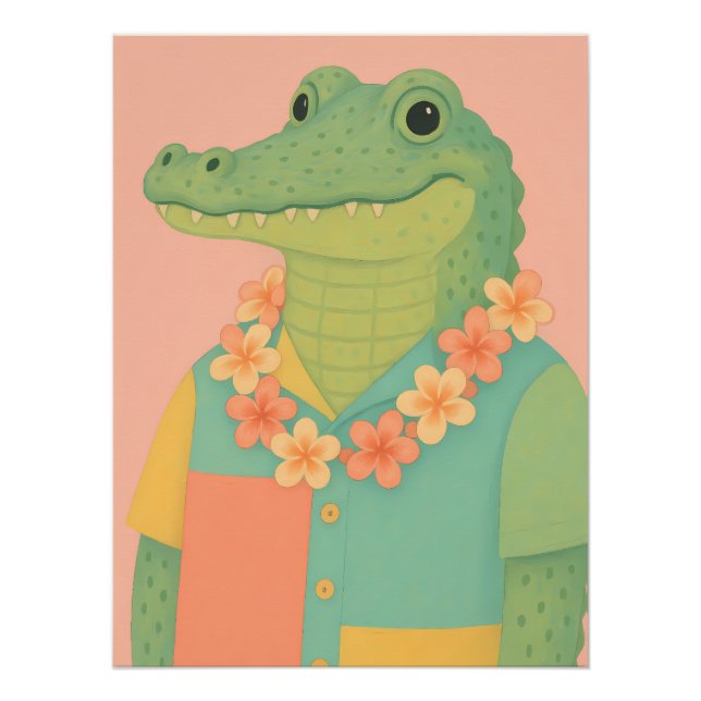 Gator in a colour-blocked Hawaiian shirt with lei Poster (Front)