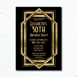 Gatsby 1920s Art Deco Black   Gold 30th Birthday Invitation